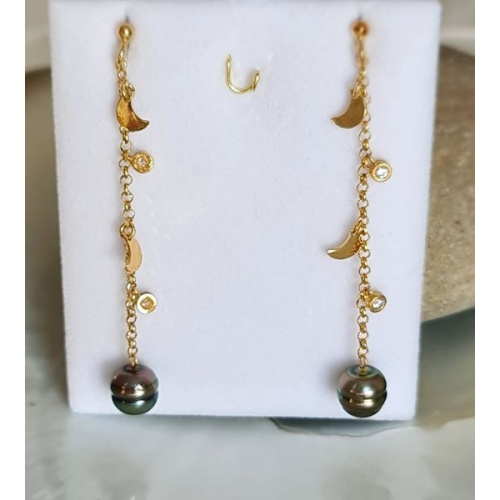 Des Perles et des Lunes - Boucles d'Oreilles Argent Doré et Perles de Tahiti