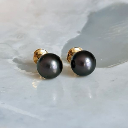 Perles Noires - Boucles d'Oreilles en Or Jaune et Véritables Perles de Tahiti