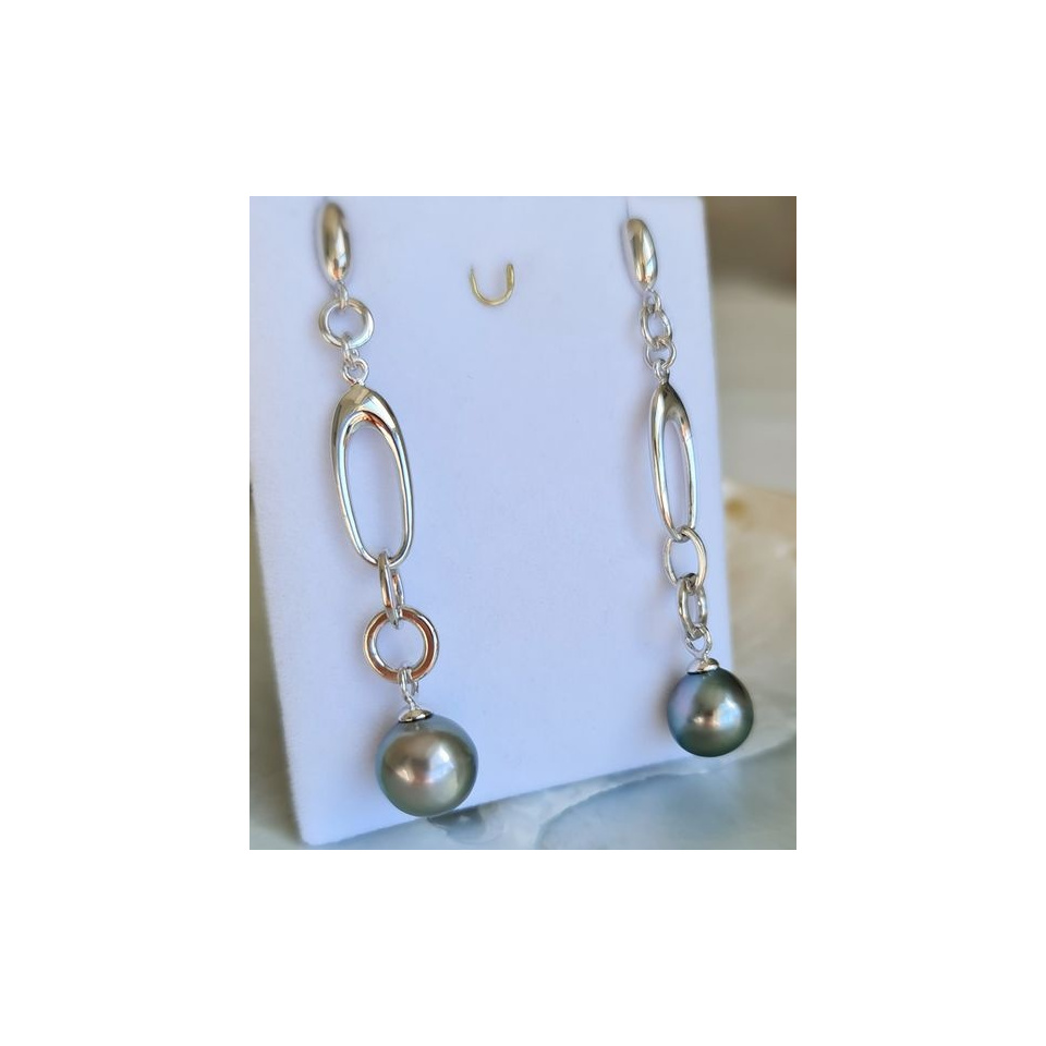Manihi - Boucles d'Oreilles Argent Rhodié et Véritables Perles de Tahiti