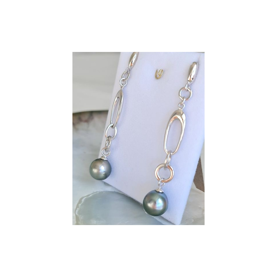 Manihi - Boucles d'Oreilles Argent Rhodié et Véritables Perles de Tahiti