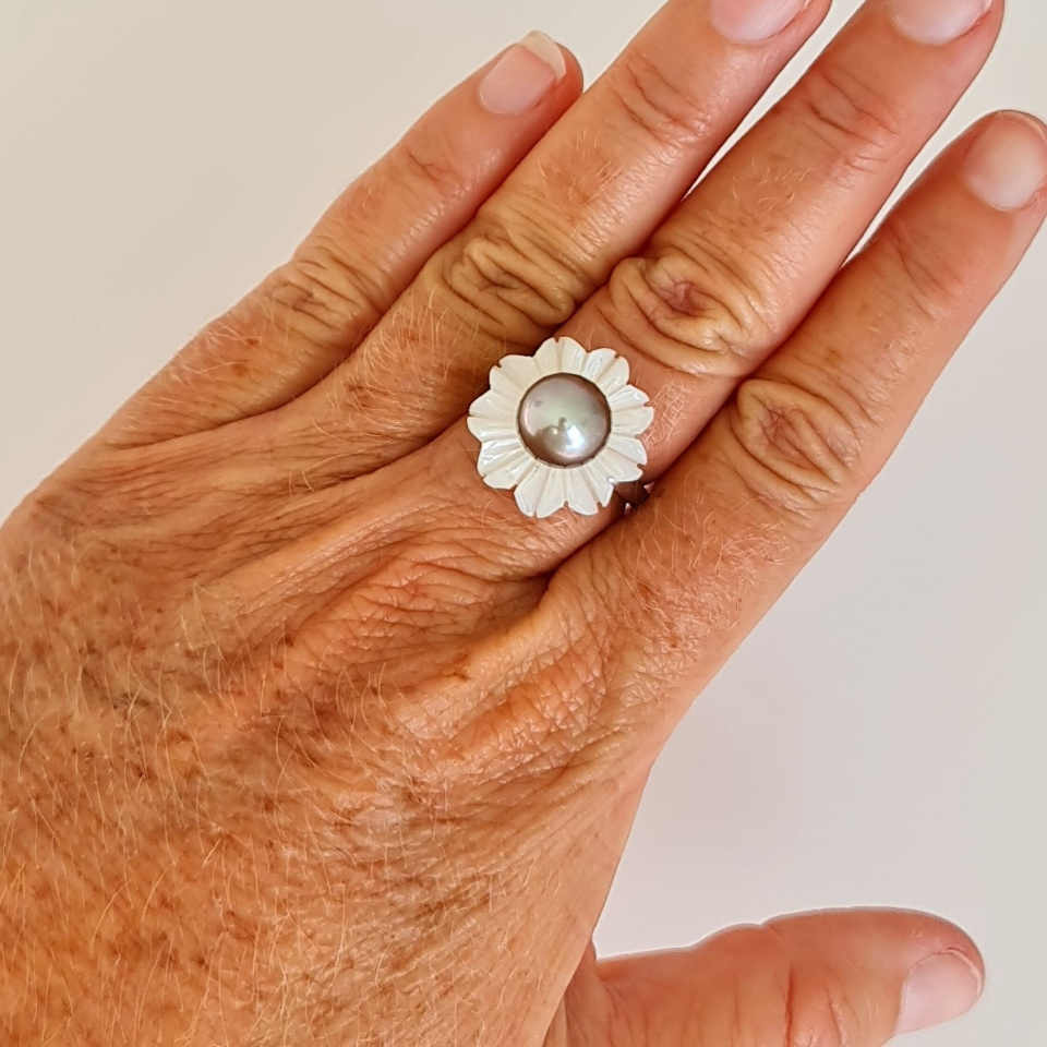 Tiare Tahiti - Bague en Argent Rhodié et Véritable Perle de Tahiti