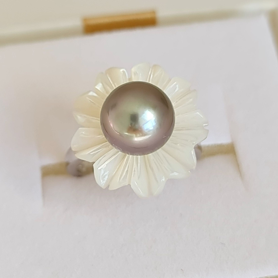 Tiare Tahiti - Bague en Argent Rhodié et Véritable Perle de Tahiti