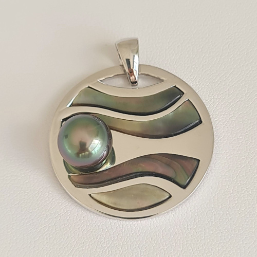 Teahupoo - Pendentif en Argent, Nacre et Véritable Perle de Tahiti