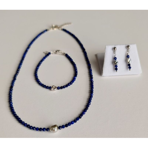 Tahiti - Parure Collier, bracelet et BO Argent, Lapis lazuli et Keshis de Tahiti