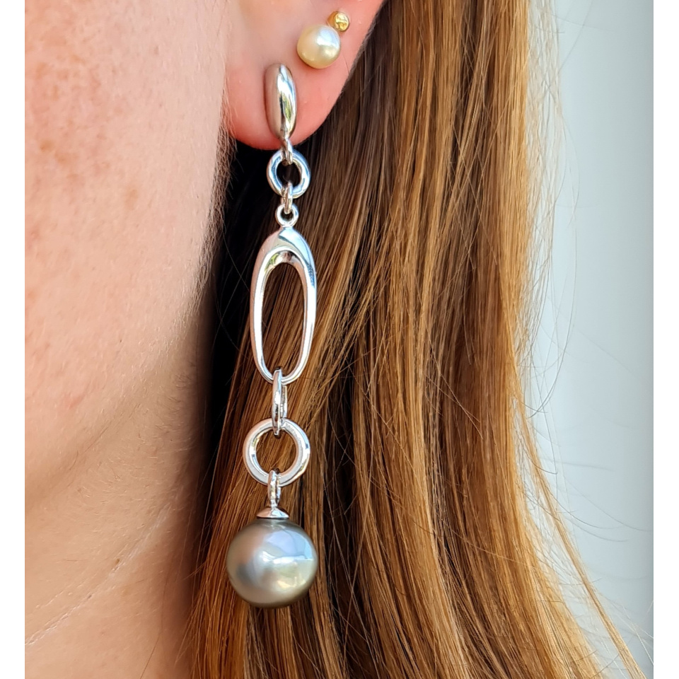 Manihi - Boucles d'Oreilles Argent Rhodié et Véritables Perles de Tahiti
