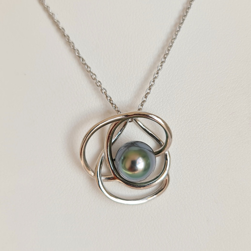 Fleur - Pendentif Argent Rhodié et Véritable Perle de Tahiti