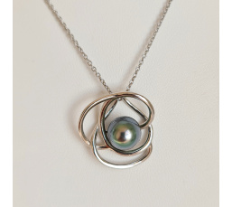 Fleur - Pendentif Argent Rhodié et Véritable Perle de Tahiti