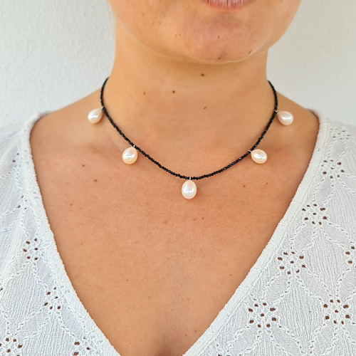 White and Black - Collier Spinelles noirs, Perles d'Eau Douce et Argent