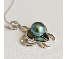 Tortue Nacrée- Pendentif Argent Rhodié et Perle de Tahiti d'Exception