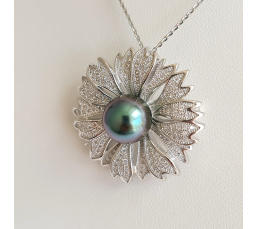Kanalei - Pendentif/Broche Argent Rhodié et Perle de Tahiti d'exception