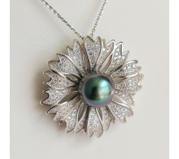 Kanalei - Pendentif/Broche Argent Rhodié et Perle de Tahiti d'exception