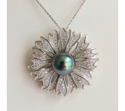 Kanalei - Pendentif/Broche Argent Rhodié et Perle de Tahiti d'exception