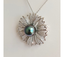Kanalei - Pendentif/Broche Argent Rhodié et Perle de Tahiti d'exception