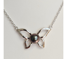 Papillon Vole, vole ... - Collier Argent Rhodié et Véritable Perle de Tahiti d'exception