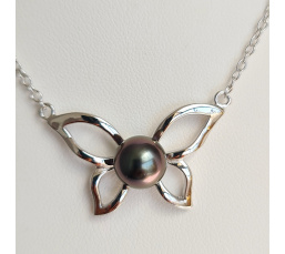 Papillon Vole, vole ... - Collier Argent Rhodié et Véritable Perle de Tahiti d'exception