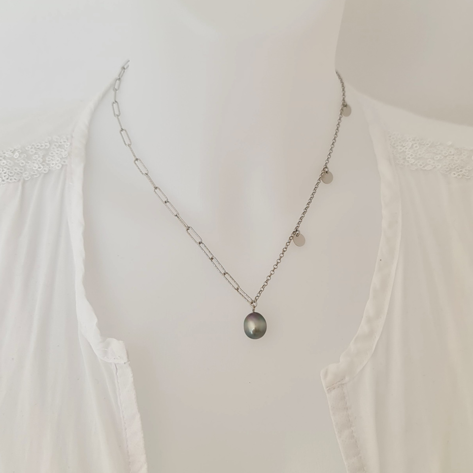 Poehina - Collier Argent rhodié et Véritable Perle de Tahiti