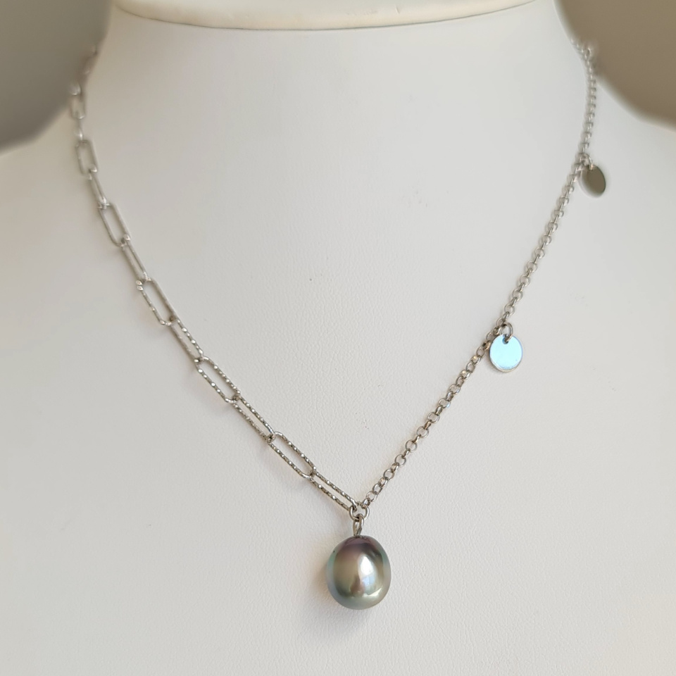 Poehina - Collier Argent rhodié et Véritable Perle de Tahiti