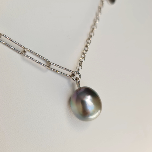 Poehina - Collier Argent rhodié et Véritable Perle de Tahiti