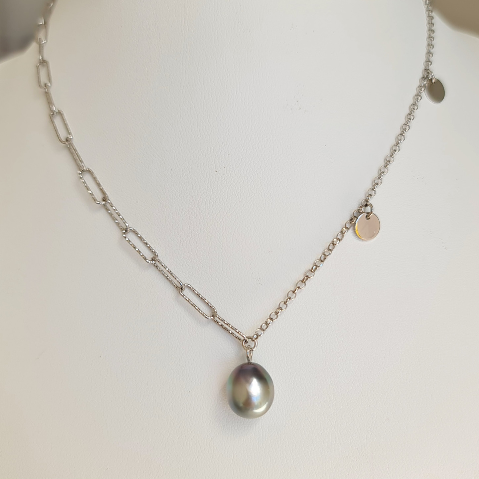 Poehina - Collier Argent rhodié et Véritable Perle de Tahiti