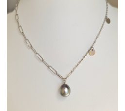 Poehina - Collier Argent rhodié et Véritable Perle de Tahiti