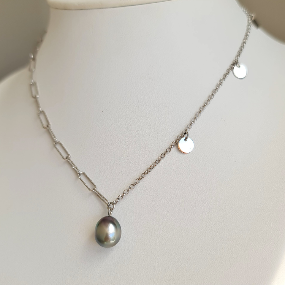 Poehina - Collier Argent rhodié et Véritable Perle de Tahiti