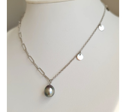 Poehina - Collier Argent rhodié et Véritable Perle de Tahiti