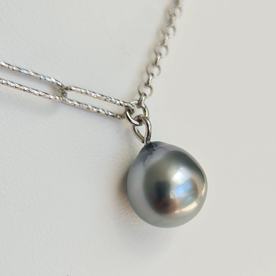 Poehina - Collier Argent rhodié et Véritable Perle de Tahiti
