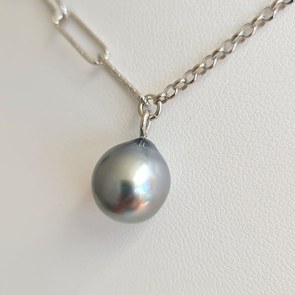 Poehina - Collier Argent rhodié et Véritable Perle de Tahiti