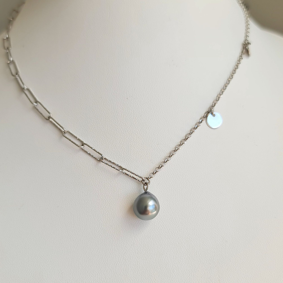 Poehina - Collier Argent rhodié et Véritable Perle de Tahiti