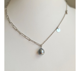 Poehina - Collier Argent rhodié et Véritable Perle de Tahiti
