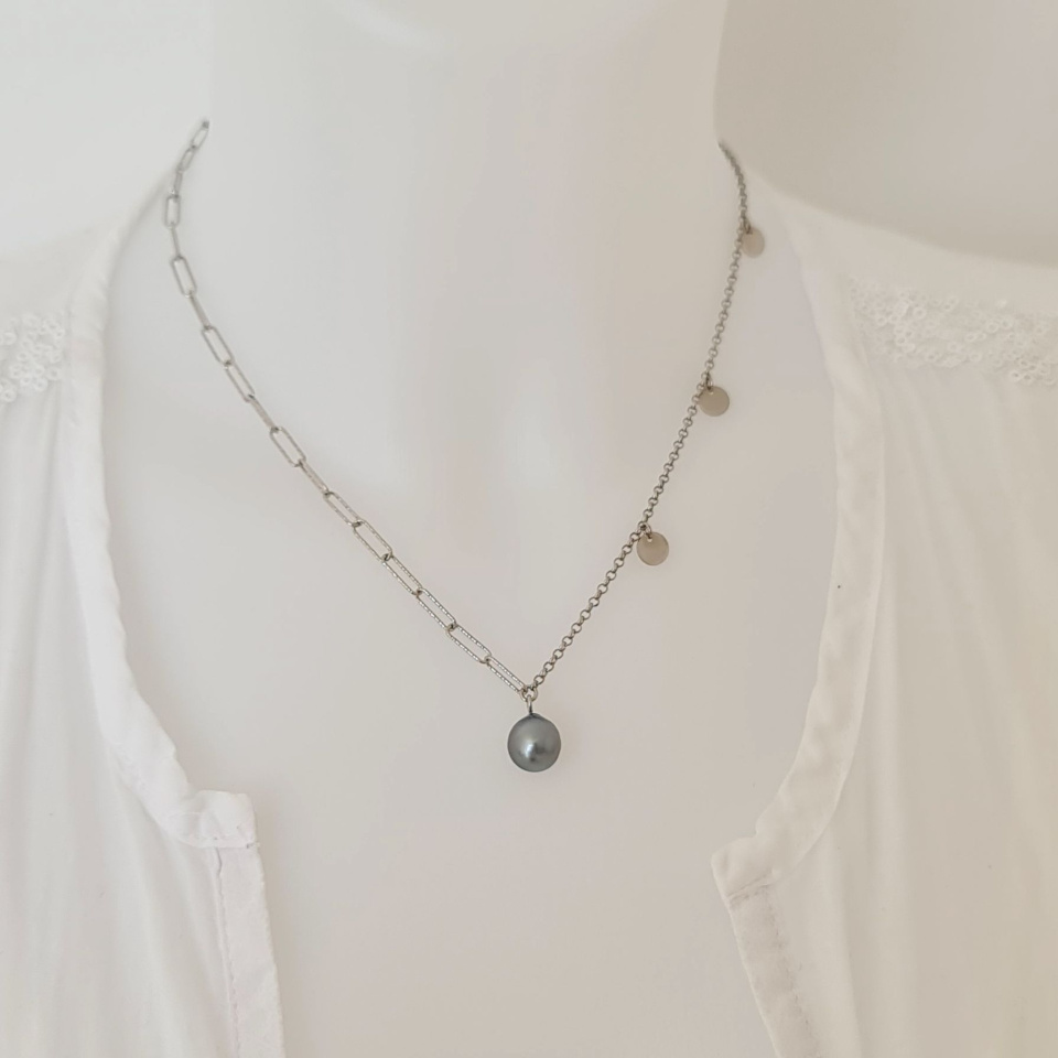 Poehina - Collier Argent rhodié et Véritable Perle de Tahiti