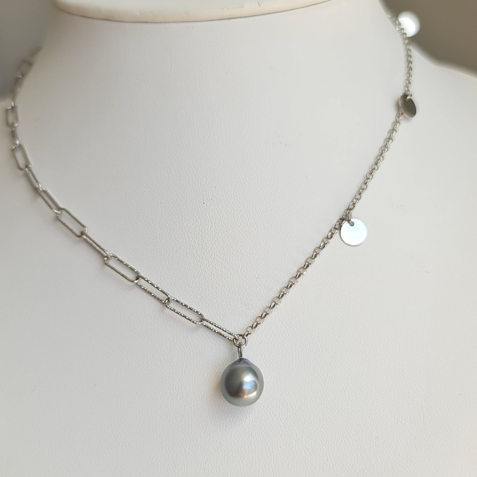 Poehina - Collier Argent rhodié et Véritable Perle de Tahiti