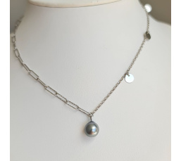 Poehina - Collier Argent rhodié et Véritable Perle de Tahiti