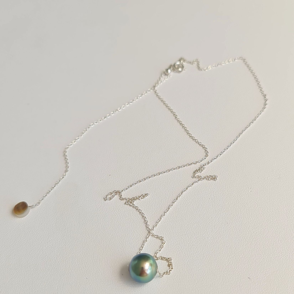 Tetiaroa - Collier Argent Massif et Véritable Perle de Tahiti