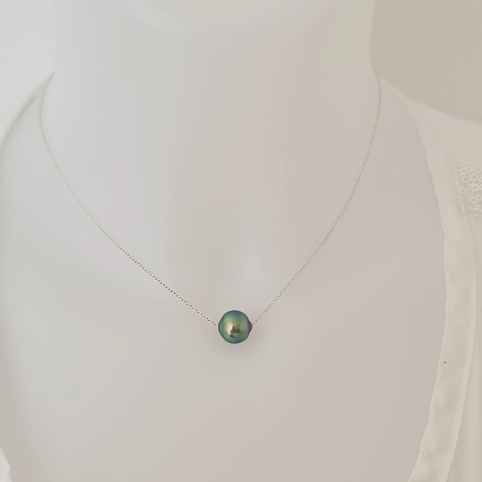 Tetiaroa - Collier Argent Massif et Véritable Perle de Tahiti