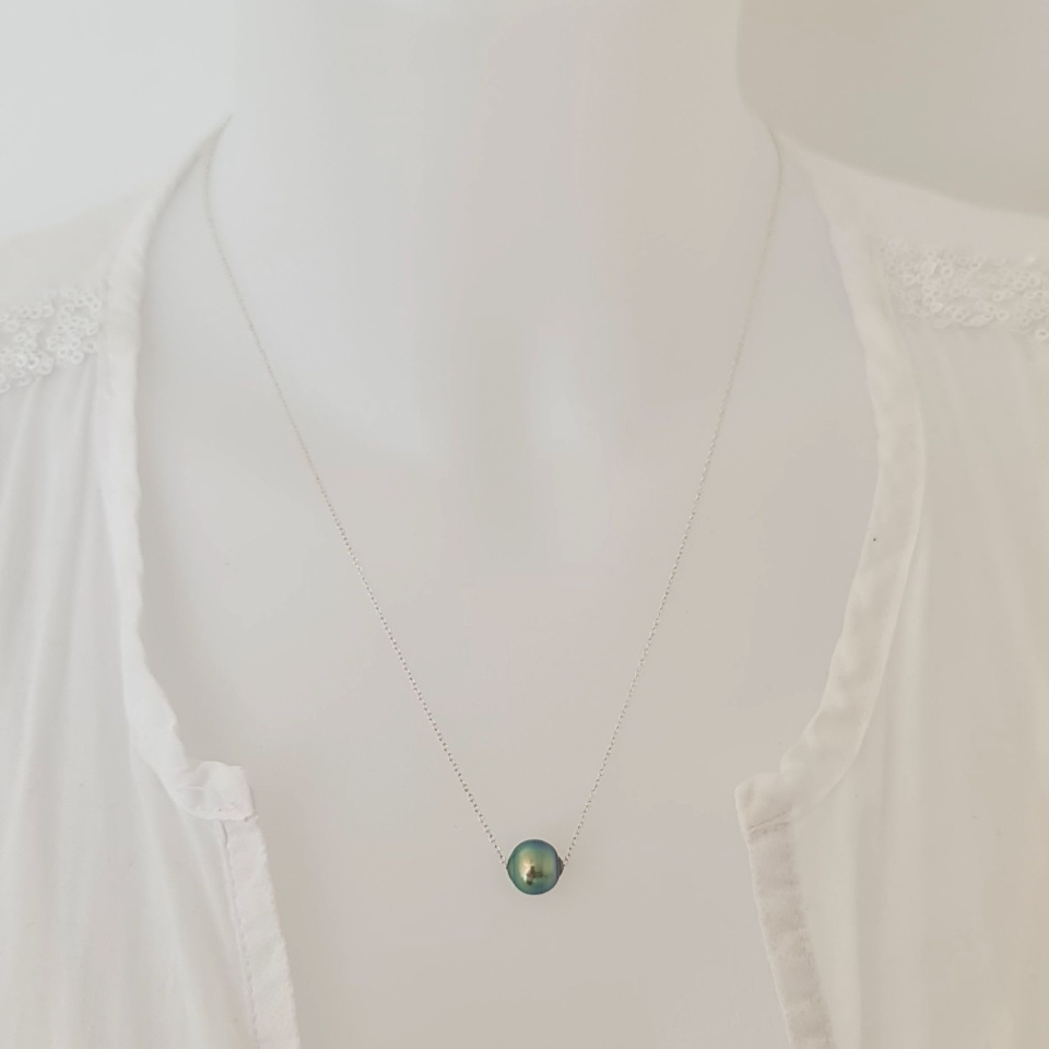 Tetiaroa - Collier Argent Massif et Véritable Perle de Tahiti