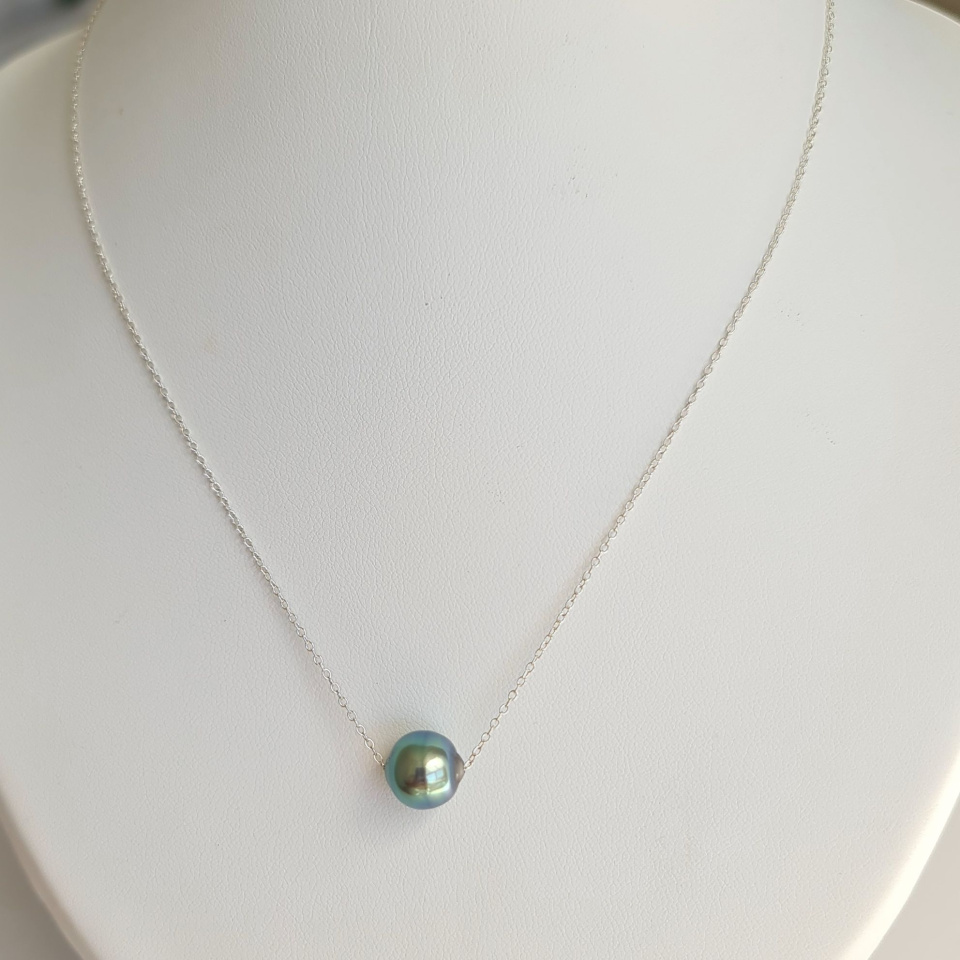 Tetiaroa - Collier Argent Massif et Véritable Perle de Tahiti
