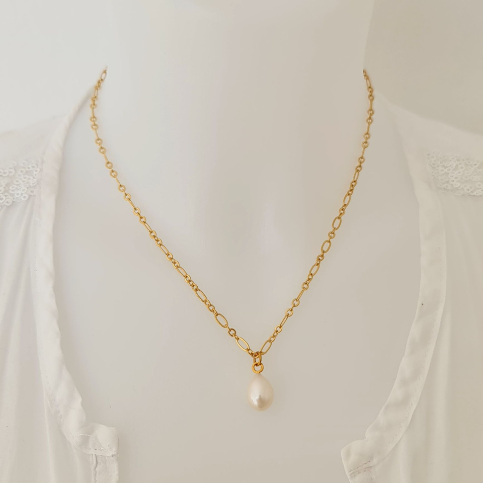 Goutte Blanche - Collier Plaqué Or Haute qualité et Perle d'Eau Douce