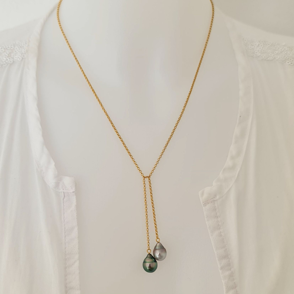 Toi&Moi Raivavae- Collier Plaqué Or Haute qualité et Perles de Tahiti d'exception