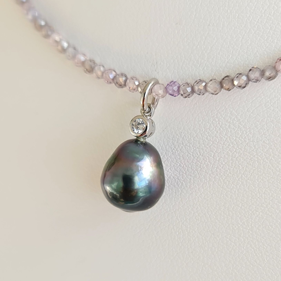 Éclats - Collier oxydes de zirconium, argent rhodié et Perle de Tahiti