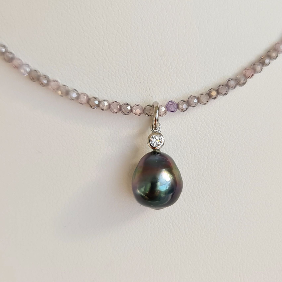 Éclats - Collier oxydes de zirconium, argent rhodié et Perle de Tahiti