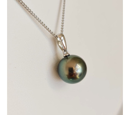 Pendentif En Or 18K Avec Perle De Tahiti Verte +11 Mm Et 1 Diamant Véritable – Bijou Neuf Avec étiquettes, Origine France