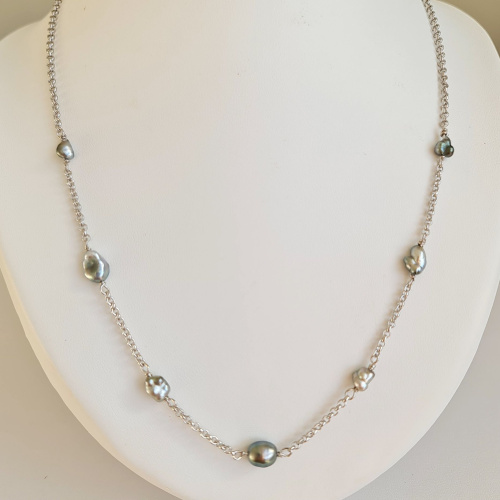 Kaukura - Collier Argent Rhodié et Véritables Keshis de Tahiti