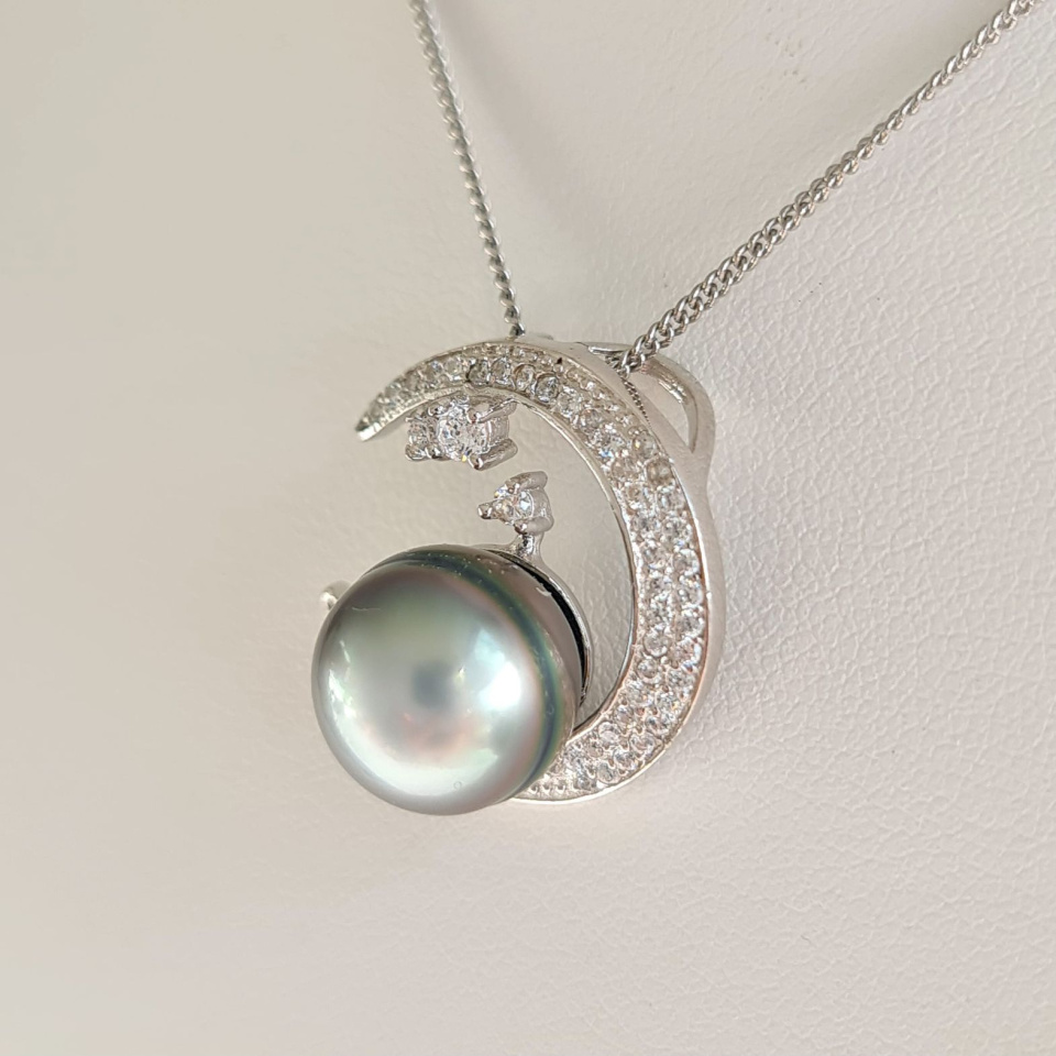 Tara - Pendentif Argent Rhodié, Oxydes de zirconium et Perle de Tahiti