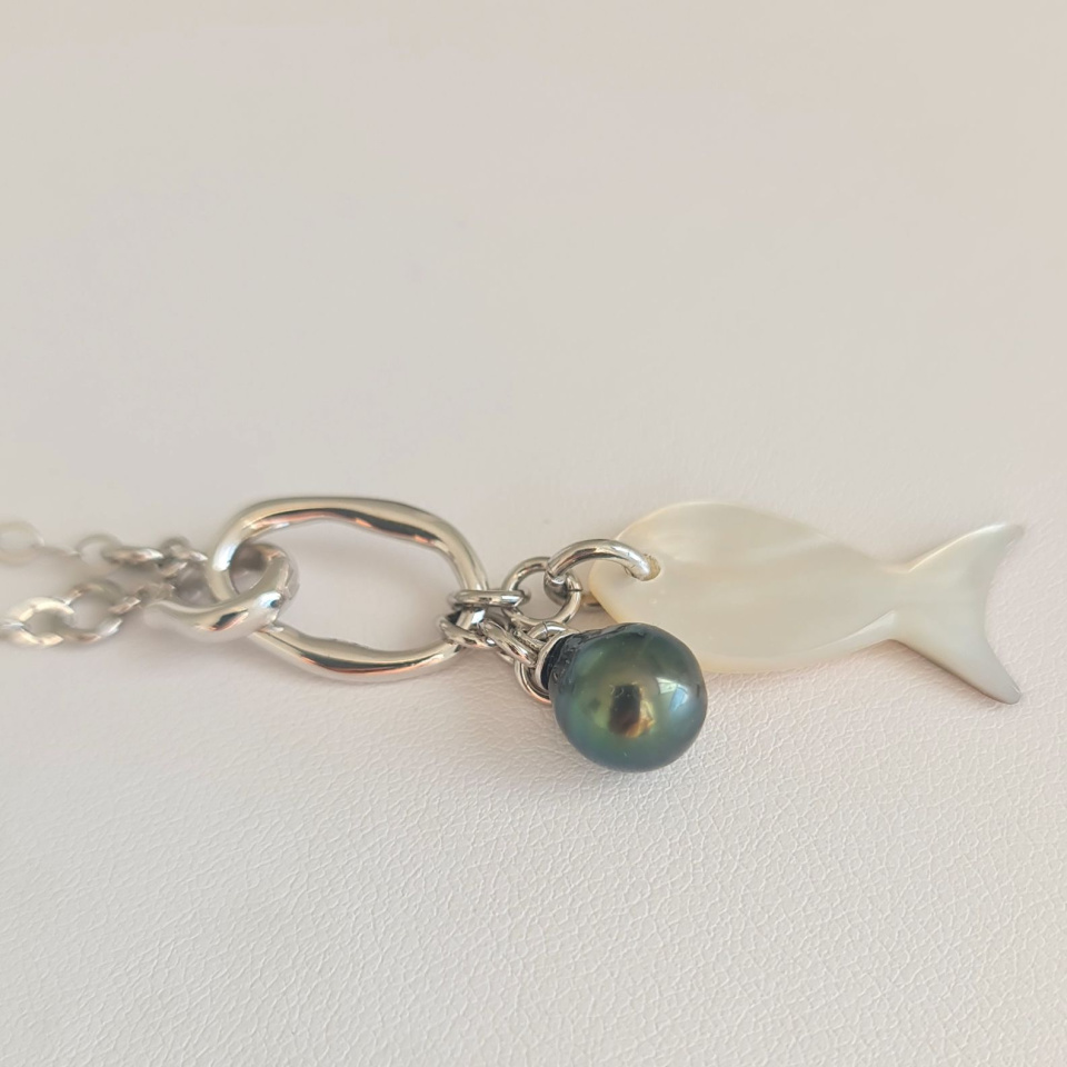 Manihi - Collier Argent rhodié et Perle et Nacre de Tahiti