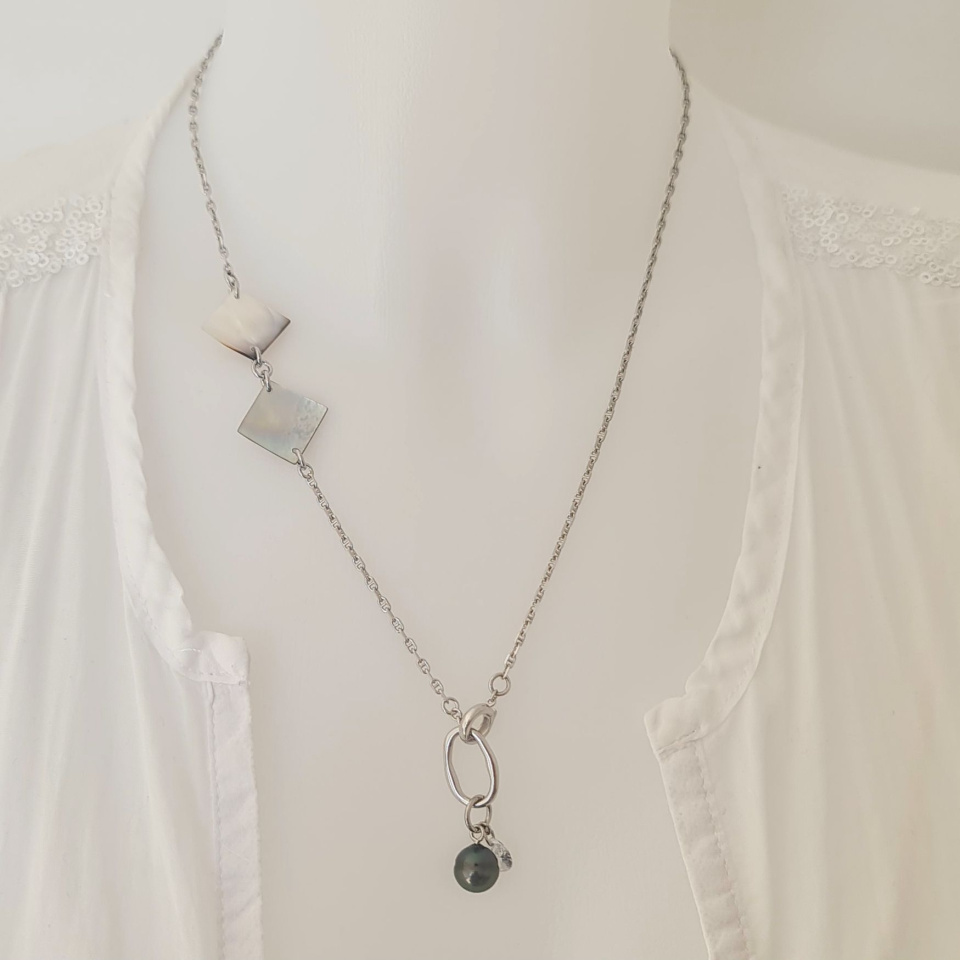 Manihi - Collier Argent rhodié et Perle et Nacres de Tahiti