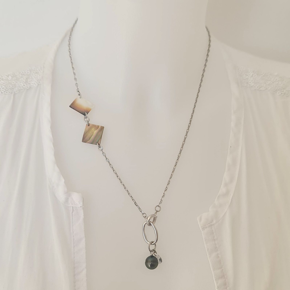 Manihi - Collier Argent rhodié et Perle et Nacres de Tahiti