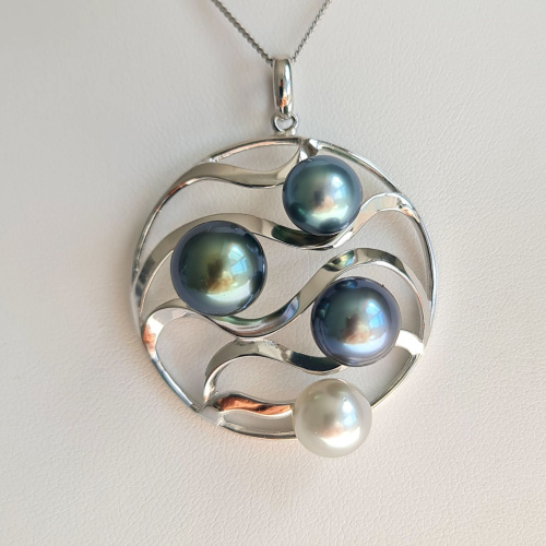 Tahiti La Vague - Pendentif Argent Rhodié et Perles de Tahiti d'exception