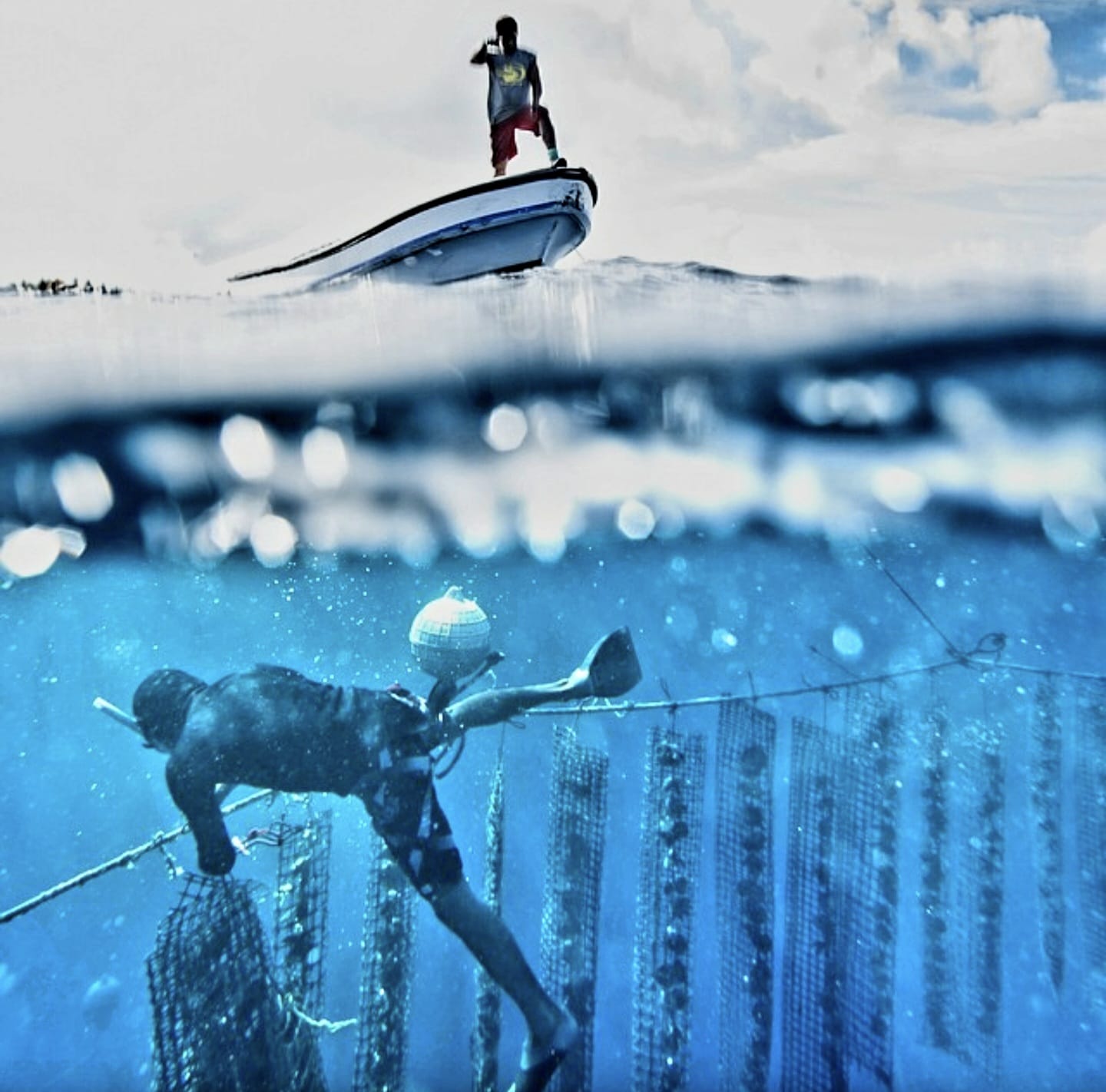 Plongeurs sur une ferme perlière en Polynésie